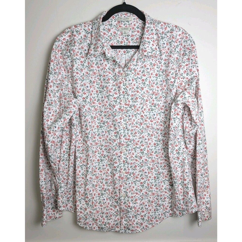 LL Bean Top Shirt Women XL Wrinkle Resistant Floral Pink 296705 Collar Blouse